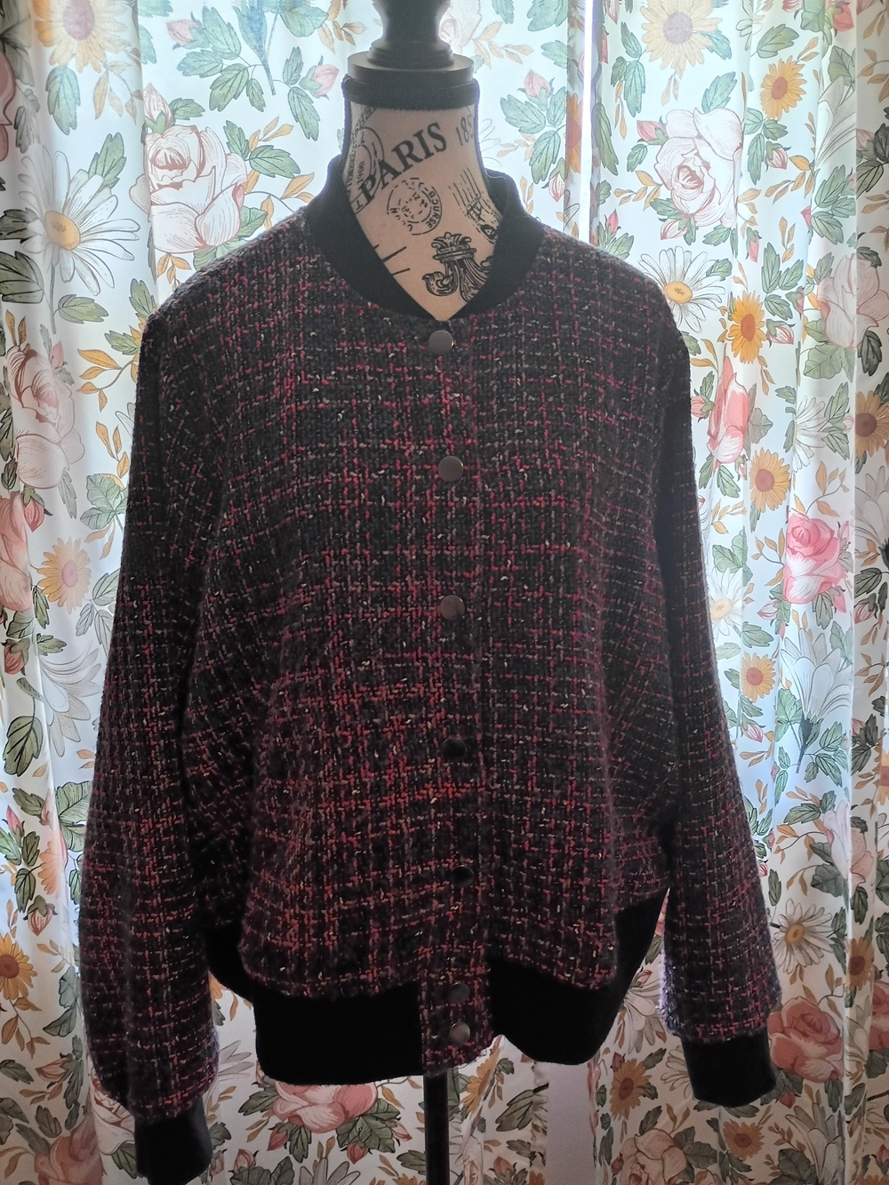 Womens Black & Pink Tweed Bomber Jacket